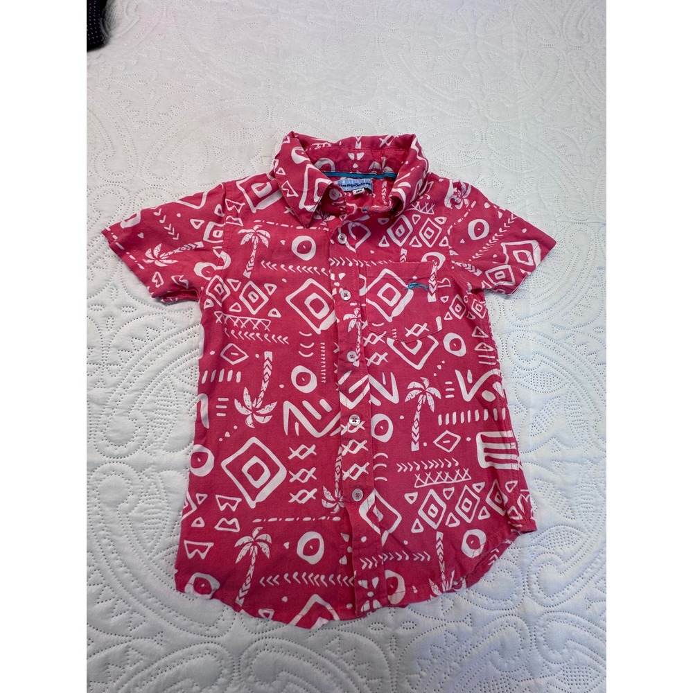 Tommy Bahama Boys Pink Tribal Palm Tree Print Button Up Shirt Size 4 T9L023AL
